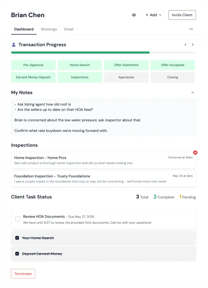 Deal preview modal showing client progress, notes, and tasks